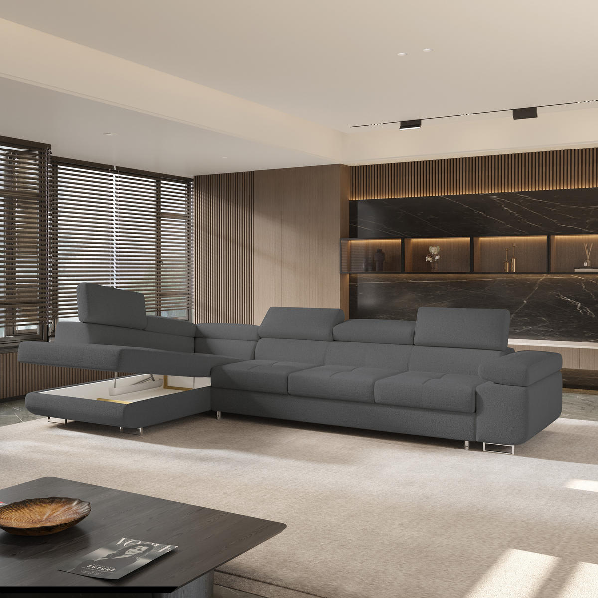 ECKSOFA VICENTE Grau Boucle-Stoff mit Schlaffunktion - Grau, Holz (346/202cm) - MASSENO