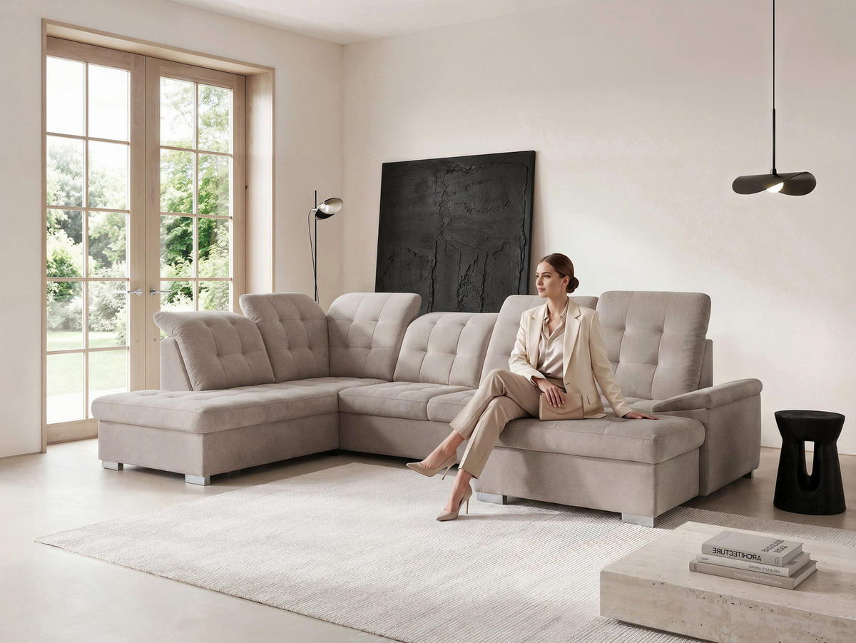 WOHNLANDSCHAFT ANON Ottomane Links, mit Schlaffunktion und Bettkasten, Beige - Beige, Kunststoff/Textil (322/87/220cm) - Idohome