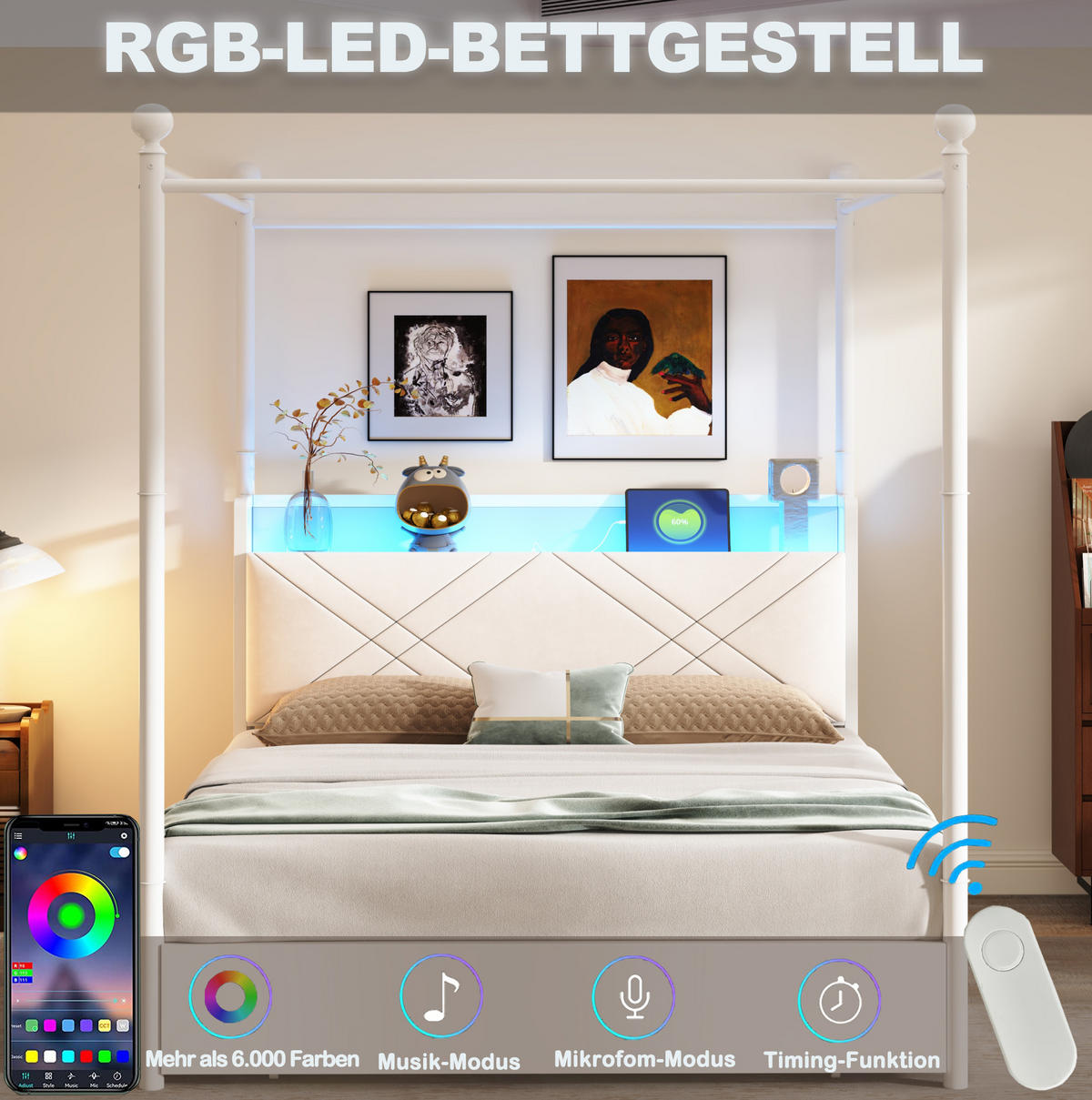 POSTEL s nebesy 140/190 cm bílá z kovu s LED osvětlením USB/Type-C a úložným prostorem - bílá, kov (140/190cm) - OKWISH