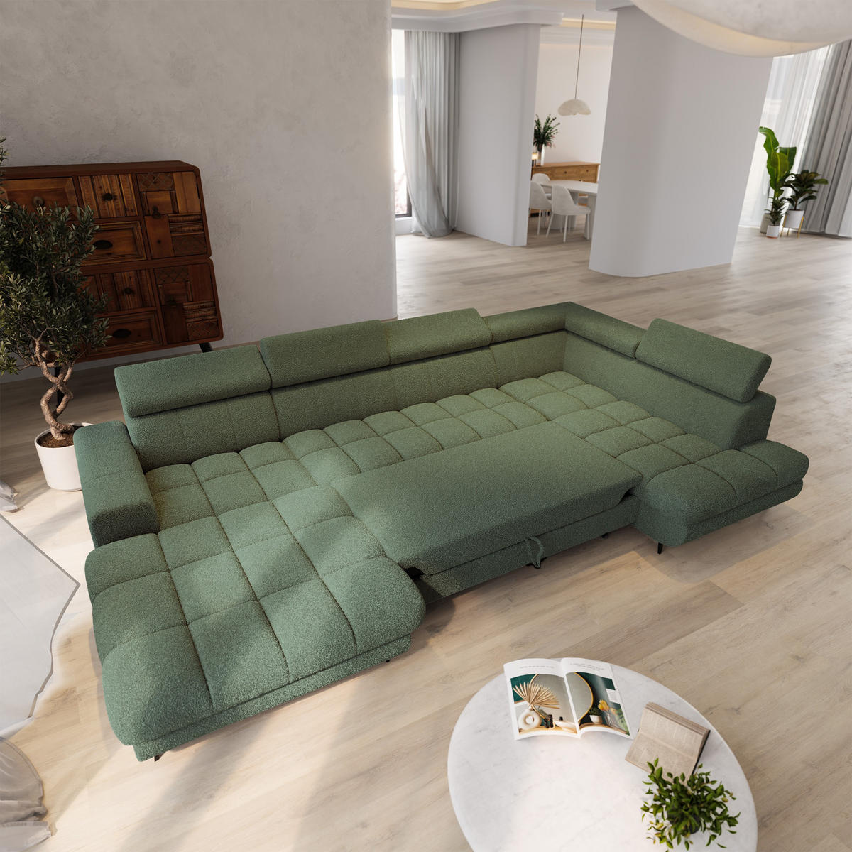 WOHNLANDSCHAFT CORENO Grün Boucle-Stoff mit Schlaffunktion - Grün, Holz (345/88/190cm) - MASSENO