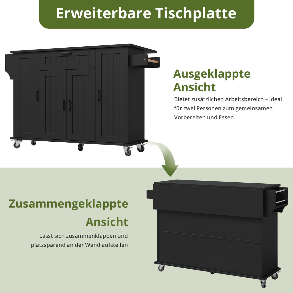KÜCHENINSEL 120/45(70)/95 cm schwarz mit klappbarer Arbeitsplatte und Rollen - Schwarz, Holzwerkstoff (120/95/70cm) - OKWISH
