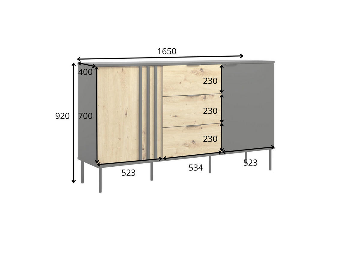 KOMMODE Schwarz, Eiche Artisan 165/92/40 - Schwarz/Eiche Artisan, Holzwerkstoff (165/92/40cm) - RAUMHIRSCH FURNITURE