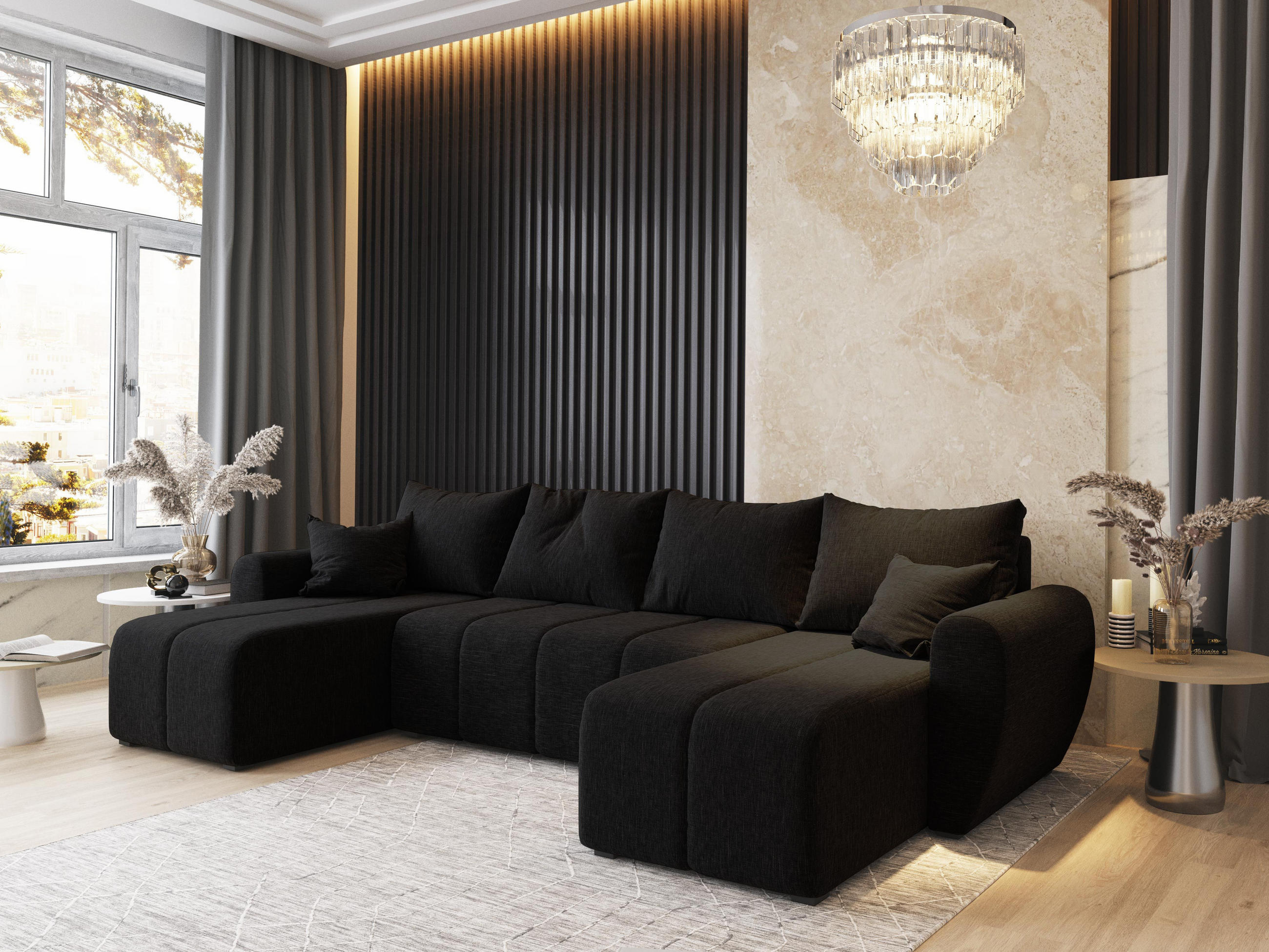 WOHNLANDSCHAFT MADISON U Schwarz Dünner Stoff mit Schlaffunktion - Schwarz, Holz (311/82/145cm) - MASSENO