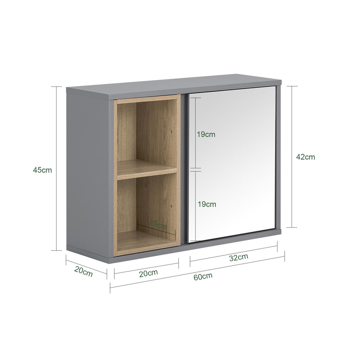 SPIEGELSCHRANK Dunkelgrau - Grau, Holzwerkstoff (60/45/20cm) - SoBuy