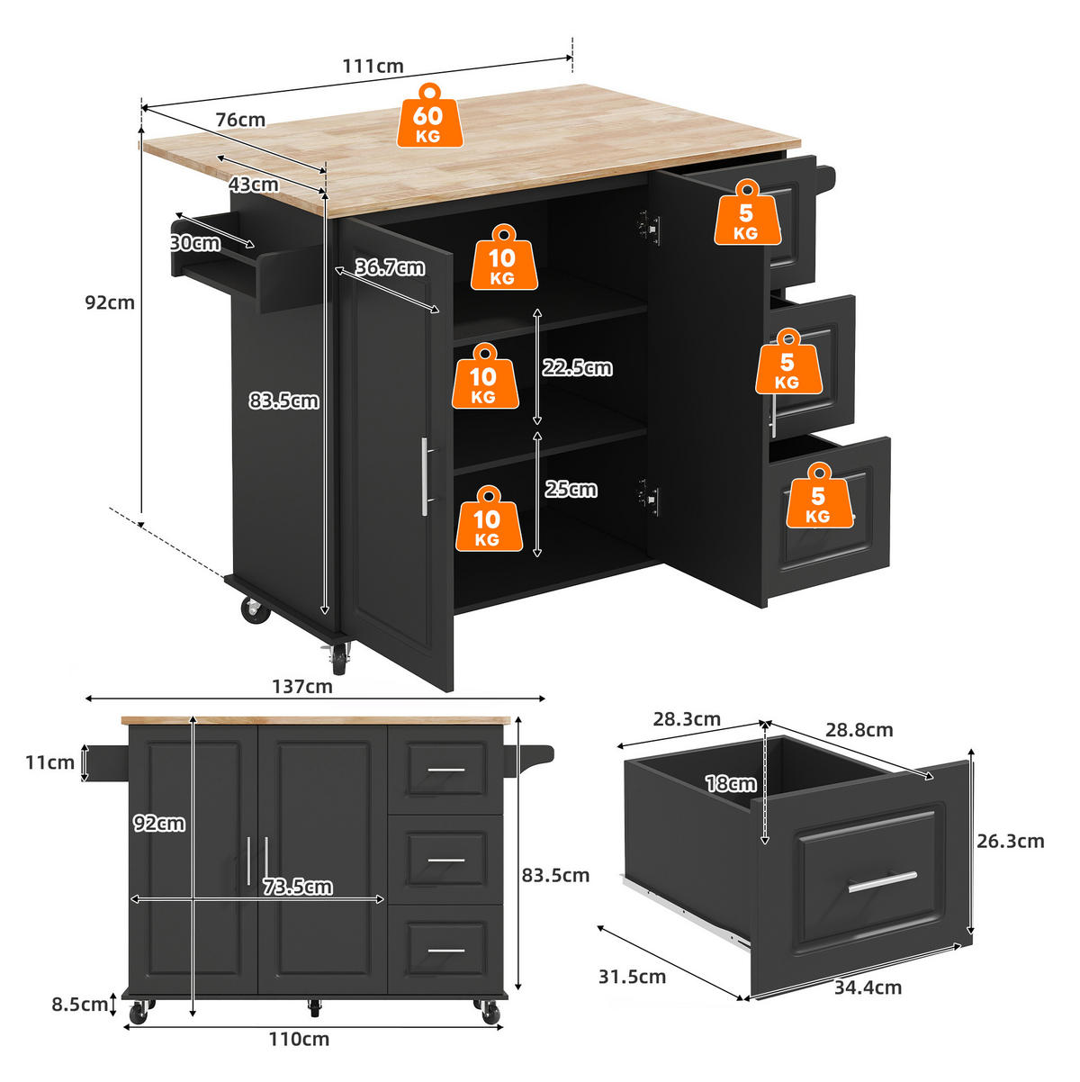 KÜCHENINSEL 137x76x92cm Schwarz mit Klappplatte, Schrank, 3 Schubladen & Rollen - Schwarz, Holzwerkstoff (137/92/76cm) - Modfu