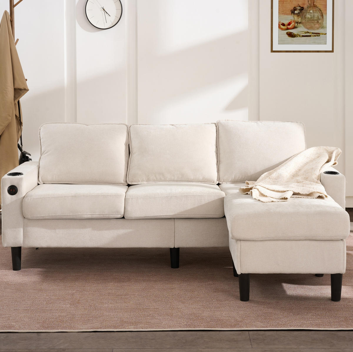 ECKSOFA Leinen mit USB-Anschluss und Typ-C 202/137/80 cm Beige - Beige, Textil (137/202cm) - Redom