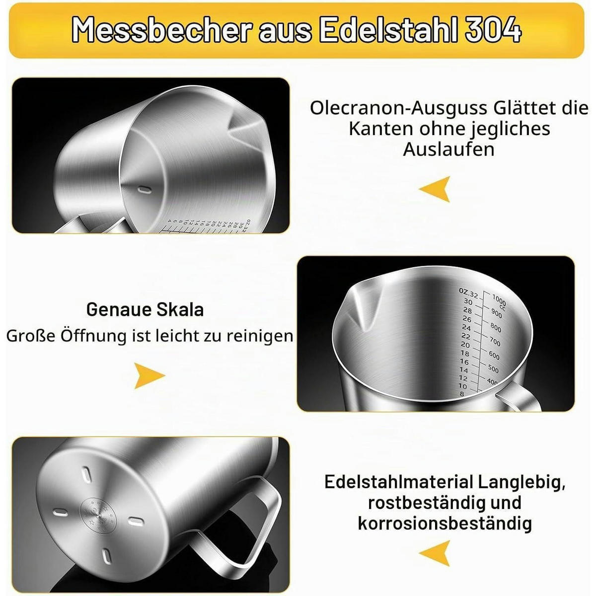 MESSBECHER Edelstahl 1L mit Skala und Griff - Silberfarben, Metall (1L)