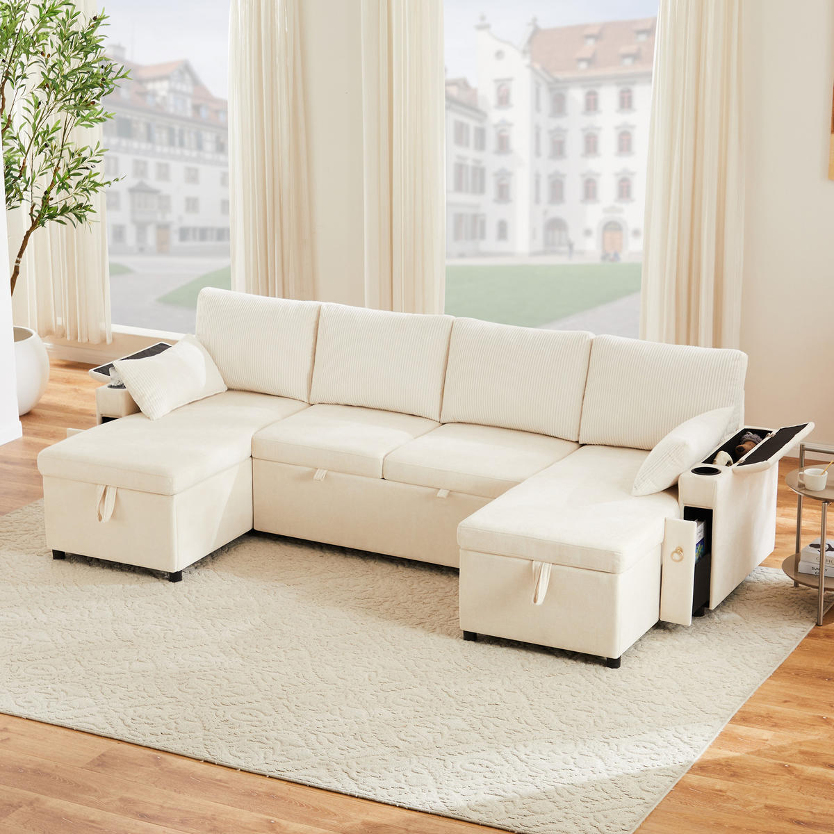 SCHLAFSOFA U-Form mit Getränkehalter und Stauraum, Beige - Beige, Textil (272/84/131cm)