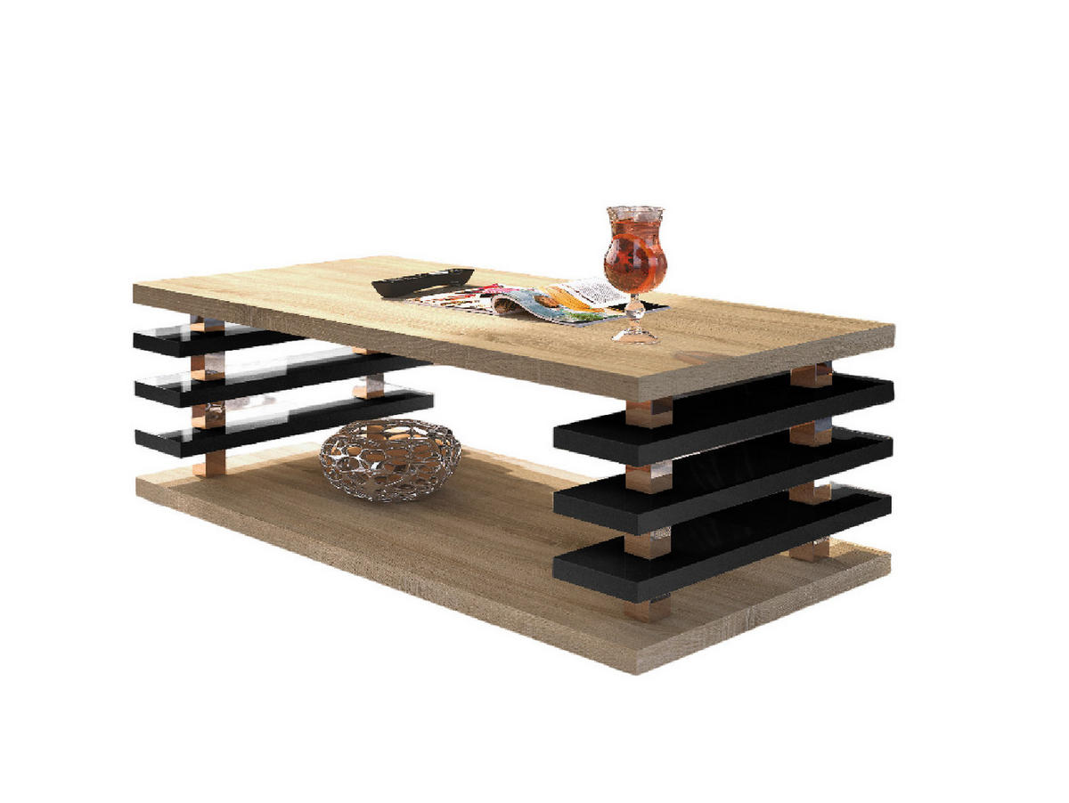 COUCHTISCH rechteckig Sonoma Eiche Schwarz Hochglanz Ablage 120/40/60 cm - Schwarz Hochglanz/Sonoma Eiche, Holzwerkstoff (60/120/40cm) - designimpex