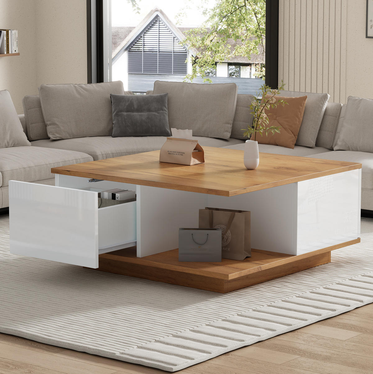 COUCHTISCH 70/70/31,5 cm Weiß walnussfarben aus Holzwerkstoff mit 3 Schubladen und Hochglanzfronten - Walnussfarben, Holzwerkstoff (70/70/31.5cm) - OKWISH