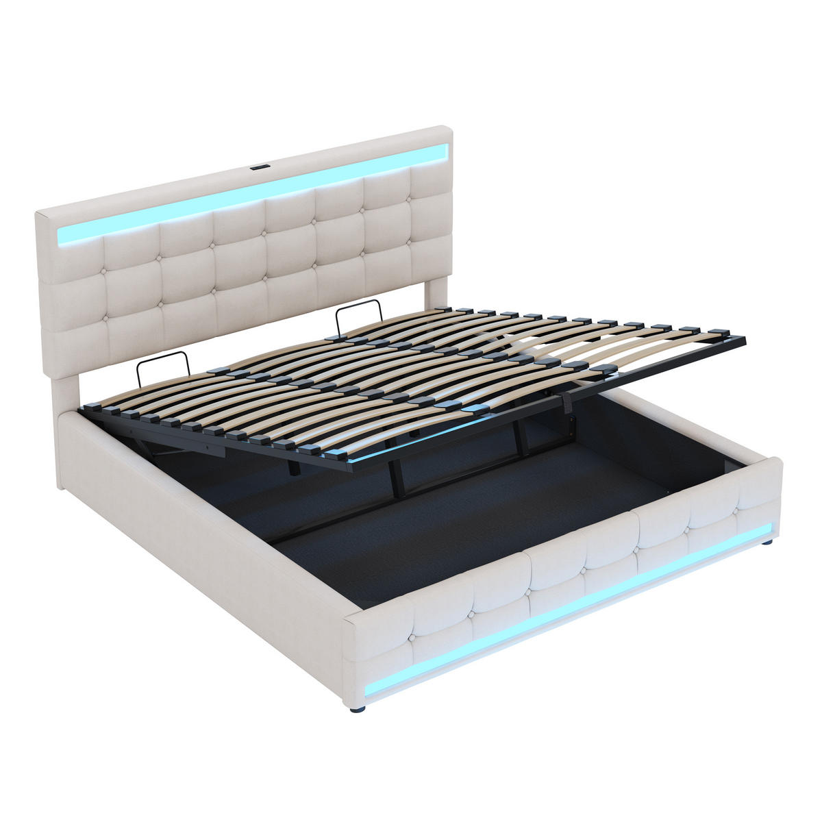 POLSTERBETT aus Leinenstoff 180x200 cm in Beige mit RGB-LED & 2 USB-Anschlüssen - Beige, Textil (180/200cm) - Modfu