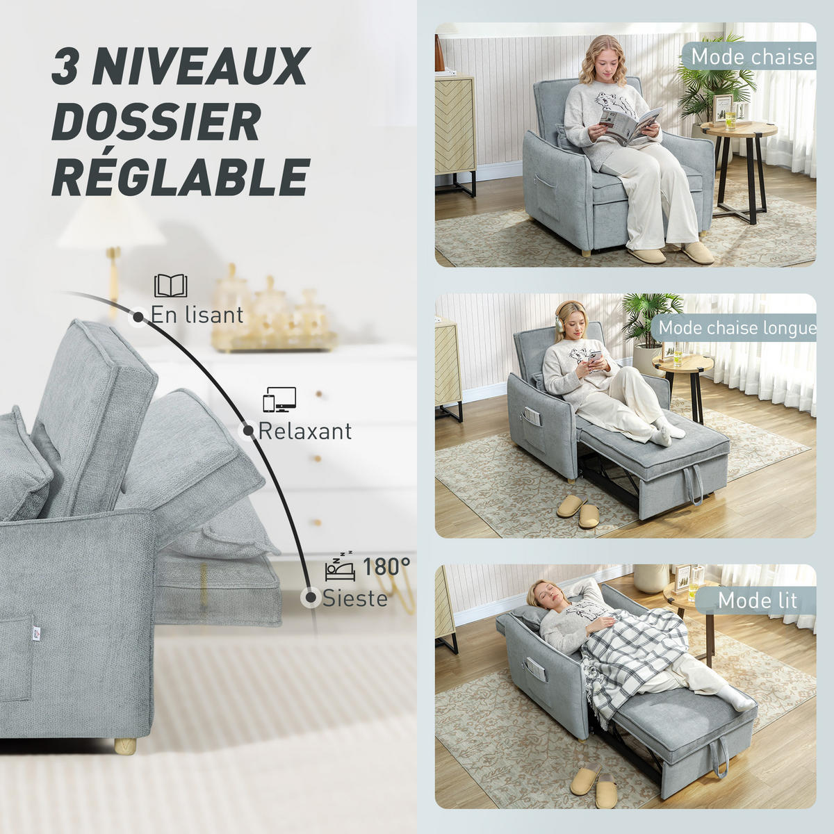 SCHLAFSESSEL DE-14630 3-in-1 Klick-Klack, breite Sitzfläche Grau - Grau, Textil (84/87/88cm) - ComfortXL