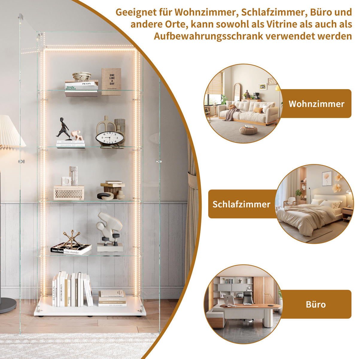 GLASVITRINE mit 5 Einlegeböden, LED-Lichtleiste, Doppeltür mit Sicherheitsschloss, Weiß - Weiß, Glas (36.5/183/80.6cm) - BRILVERDE