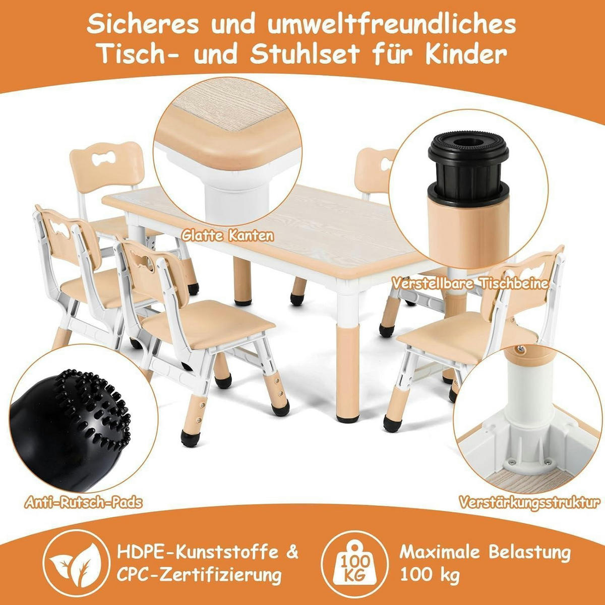 KINDERTISCH- und Stuhl-Set 7-teilig höhenverstellbar Gelb - Multicolor, Kunststoff (60/60/120cm)
