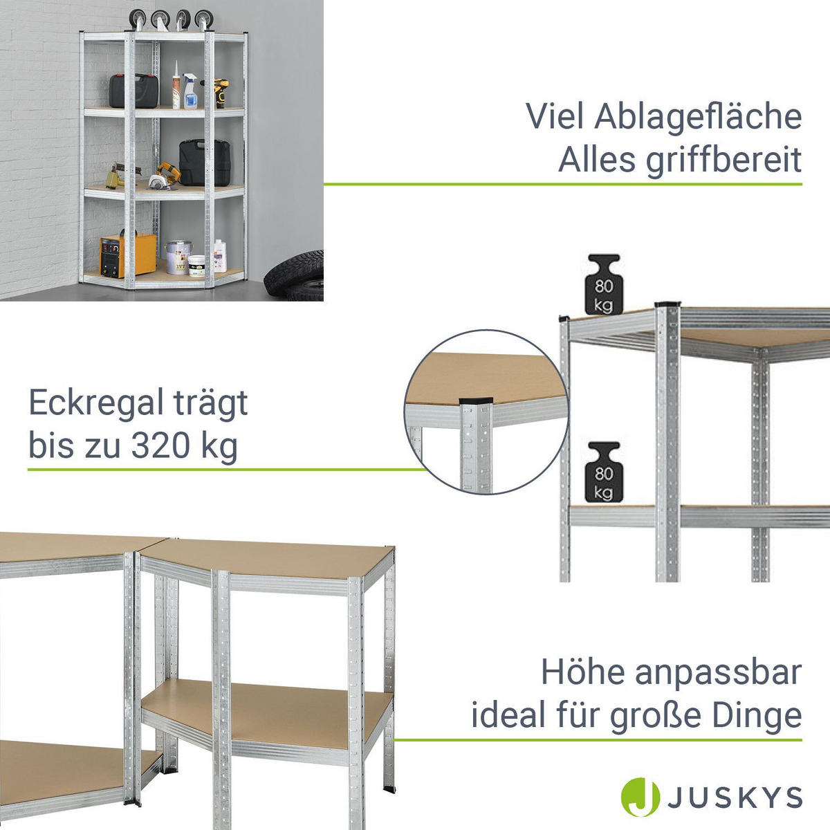ECKREGAL Lagerregal Corner Easy verzinkt 160x75x75 cm - Silberfarben, Metall (80/160/40cm) - Juskys