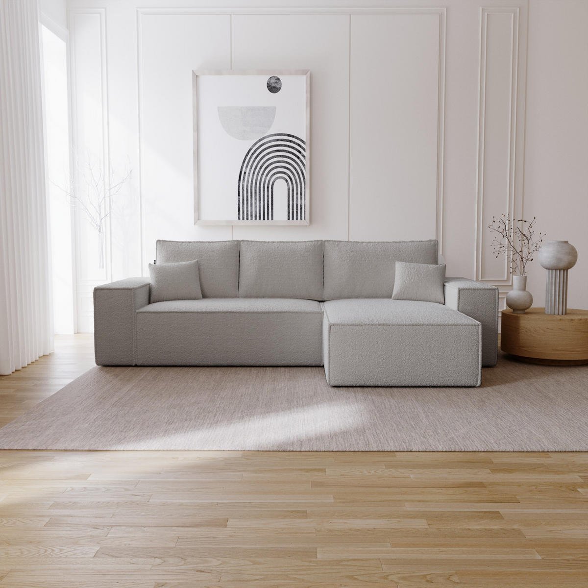 ECKSOFA Bouclé 280 cm Bergamo L mit Bettkasten, Schlaffunktion, Rechts - Hellgrau - Hellgrau, Holz (189/277cm) - Emporius