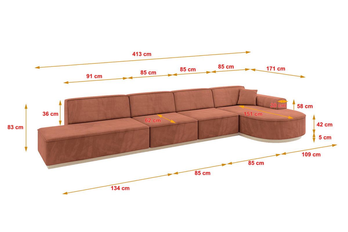ECKSOFA Ottomane Rechts ARRIO-L3 - 413x171x83 cm Apricot - Koralle, Holzwerkstoff/Textil (413/171cm) - ALTDECOR