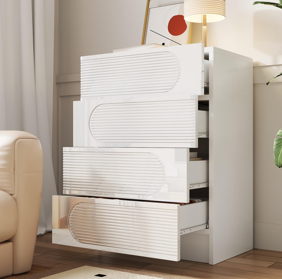 KOMMODE aus MDF und Spanplatte 60x38,5x85 cm Weiß mit 4 Schubladen und Vollauszug, kompakt und vielseitig - Weiß, Holzwerkstoff (60/85/38.5cm) - Modfu
