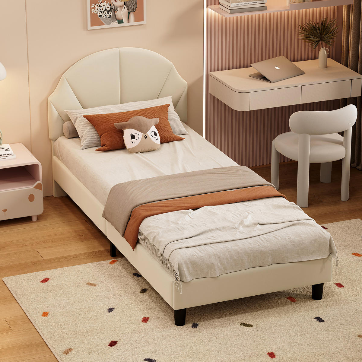 POLSTERBETT 90x200cm Beige Mit Verstellbarem Kopfteil, Jugendbett - Beige, Holz (90/200cm)