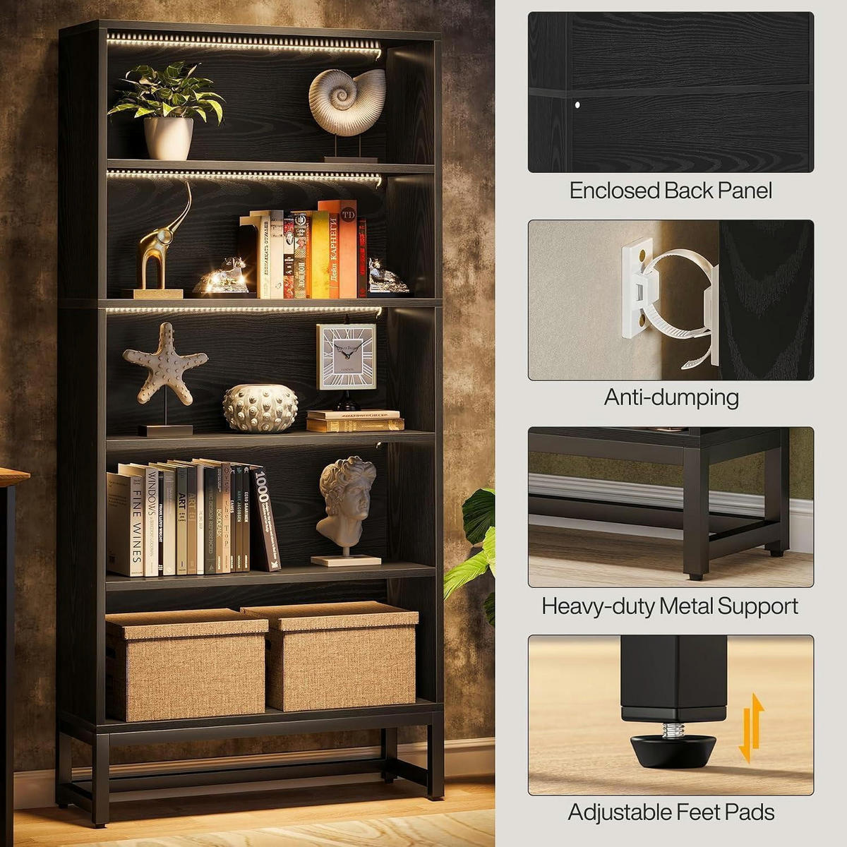 BÜCHERREGAL mit LED-Beleuchtung 180 cm Schwarz - Schwarz, Holzwerkstoff (30/180/80cm)