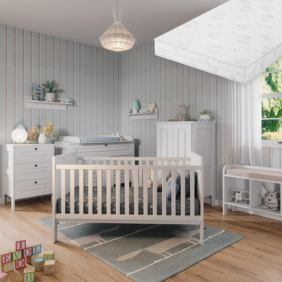 BABYBETT Ajaton Weiß 144.4 x 83 cm mit Matratze - Weiß, Holzwerkstoff (144.4/83/80.8cm) - VitaliSpa