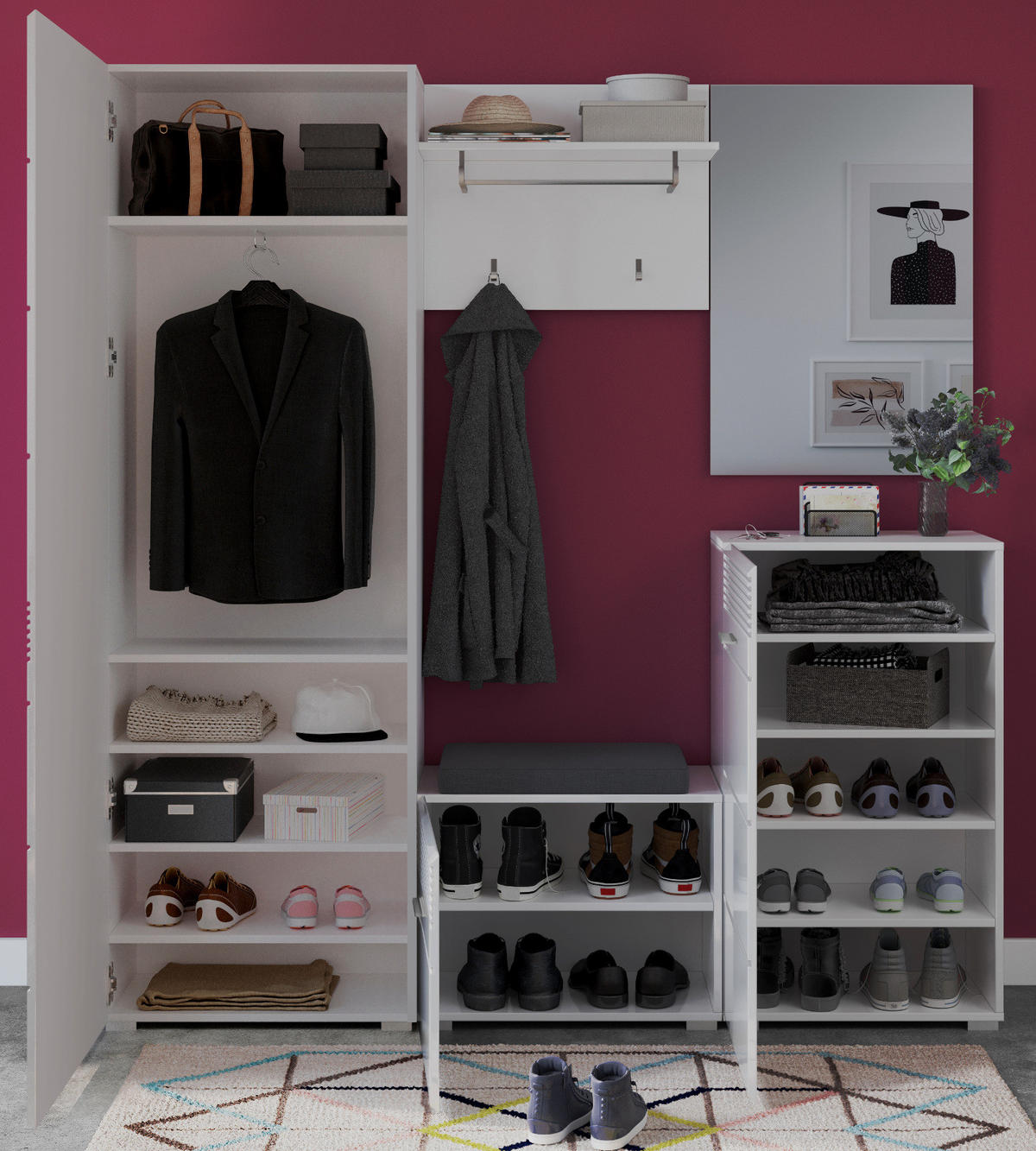 GARDEROBEN-SET weiß Hochglanz 5-teilig 170 cm mit Spiegel, Garderobenkombination - Weiß Hochglanz/Silberfarben, Holzwerkstoff/Kunststoff (170/190/37cm) - Inn.Furn