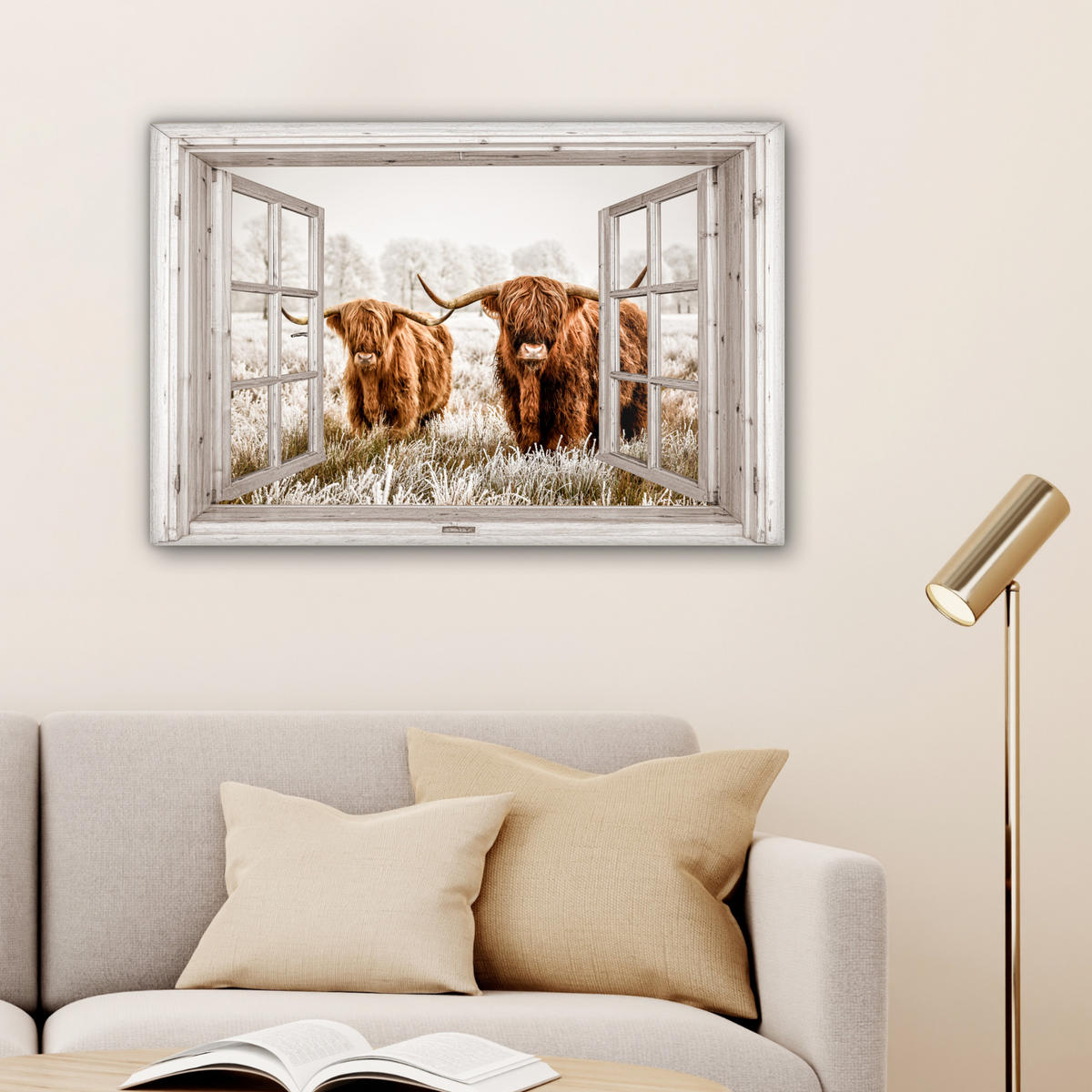 LEINWANDBILD Durchblick - Schottische Highlander - Tiere Wanddeko 90x60 cm - Hellbraun, Textil (90/60cm) - MuchoWow