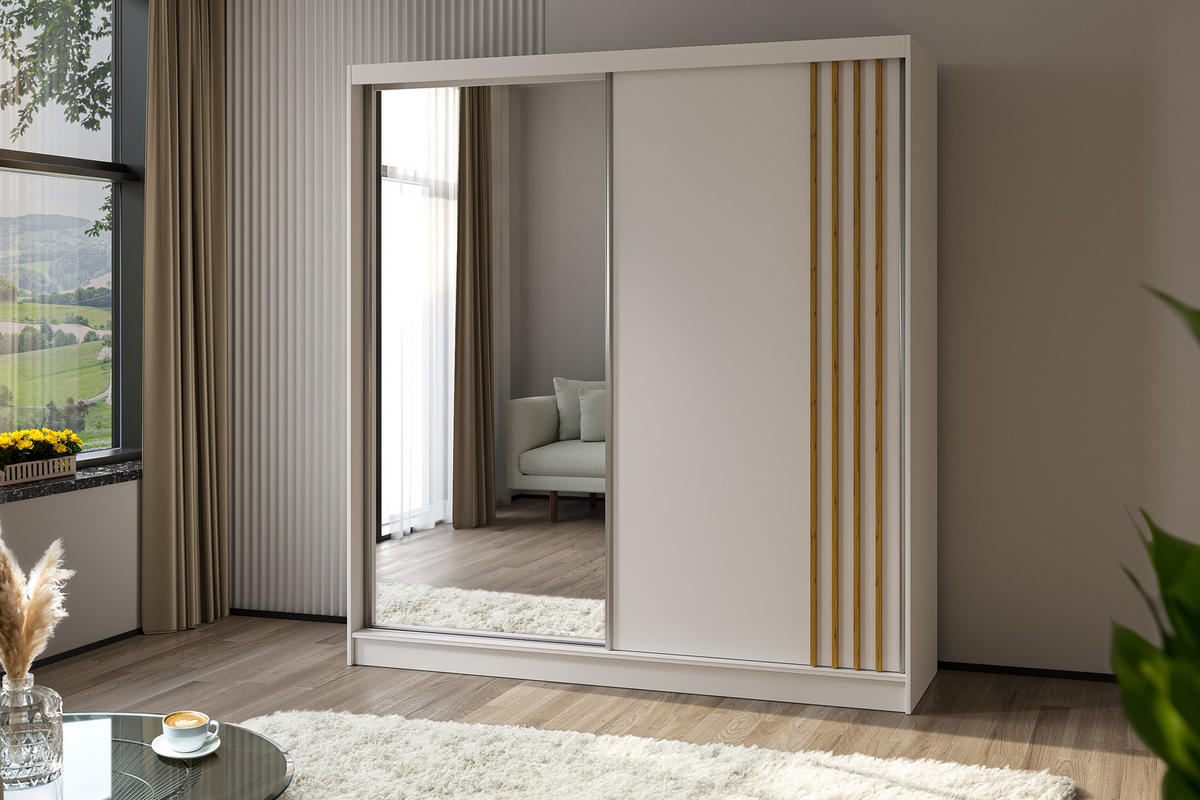 KLEIDERSCHRANK mit Spiegel-Schiebetüren und Aluminium-Leisten, LED-Beleuchtung - NALLA - 200 cm Weiß+Weiß+Artisan - Weiß/Eiche Artisan, Holzwerkstoff (200/216/61cm) - ALTDECOR