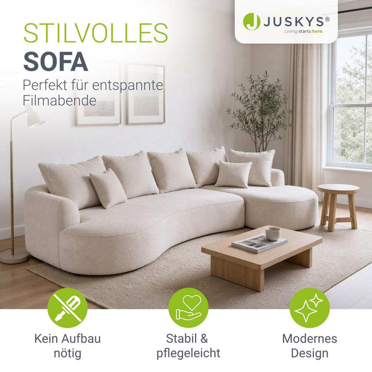 SOFA Tirano Bouclé Creme mit Ottomane rechts - Creme, Textil (300/102cm) - Juskys