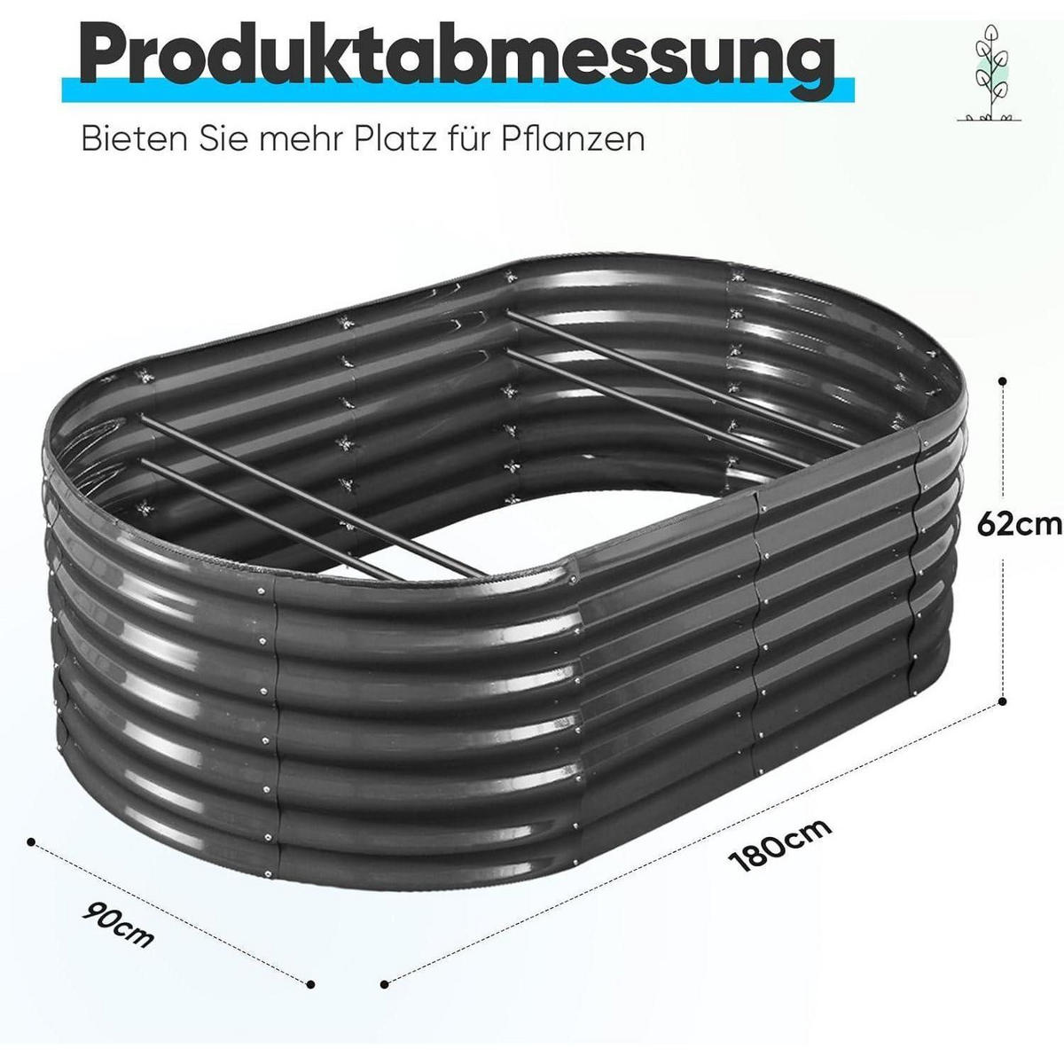 HOCHBEET Metall Grau 180 x 90 x 45 cm - Schwarz, Metall (90/45/180cm)