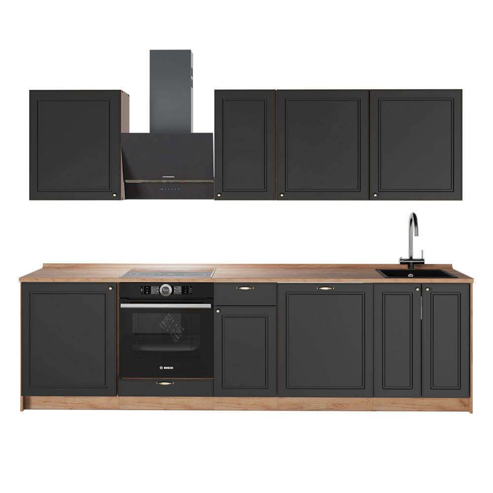 KUCHYNKA Fame-Line, Antracitovo-zlatý vidiecky dom/Dub Goldkraft, 280 cm, AP Oak - dub medový/antracitová, kompozitné drevo (280/82/60cm) - Vicco