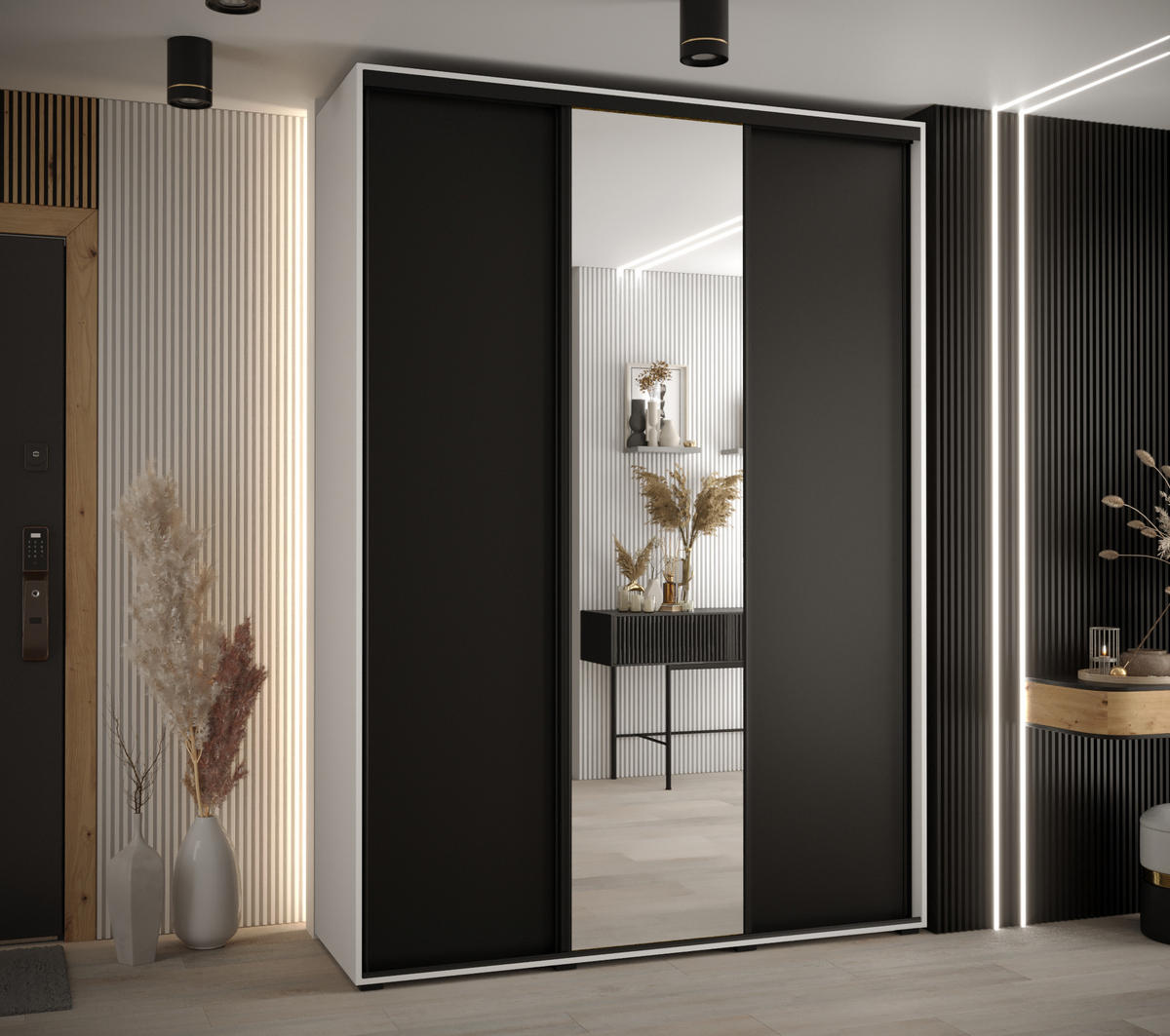 SCHWEBETÜRENSCHRANK 235,2/180/60 3-türig - Schwarz/Weiß, Holz/Metall (180/235/60cm) - Abiks Möbel