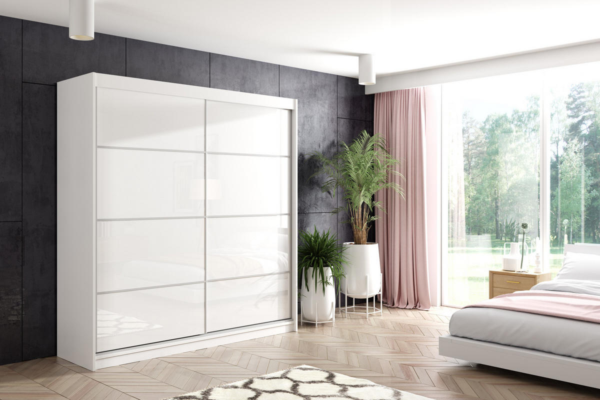 KLEIDERSCHRANK mit Lacobel-Schiebetüren und Aluminium-Leisten, LED-Beleuchtung - VIVONA - 200 cm Weiß - Weiß, Holzwerkstoff (200/216/61cm) - ALTDECOR