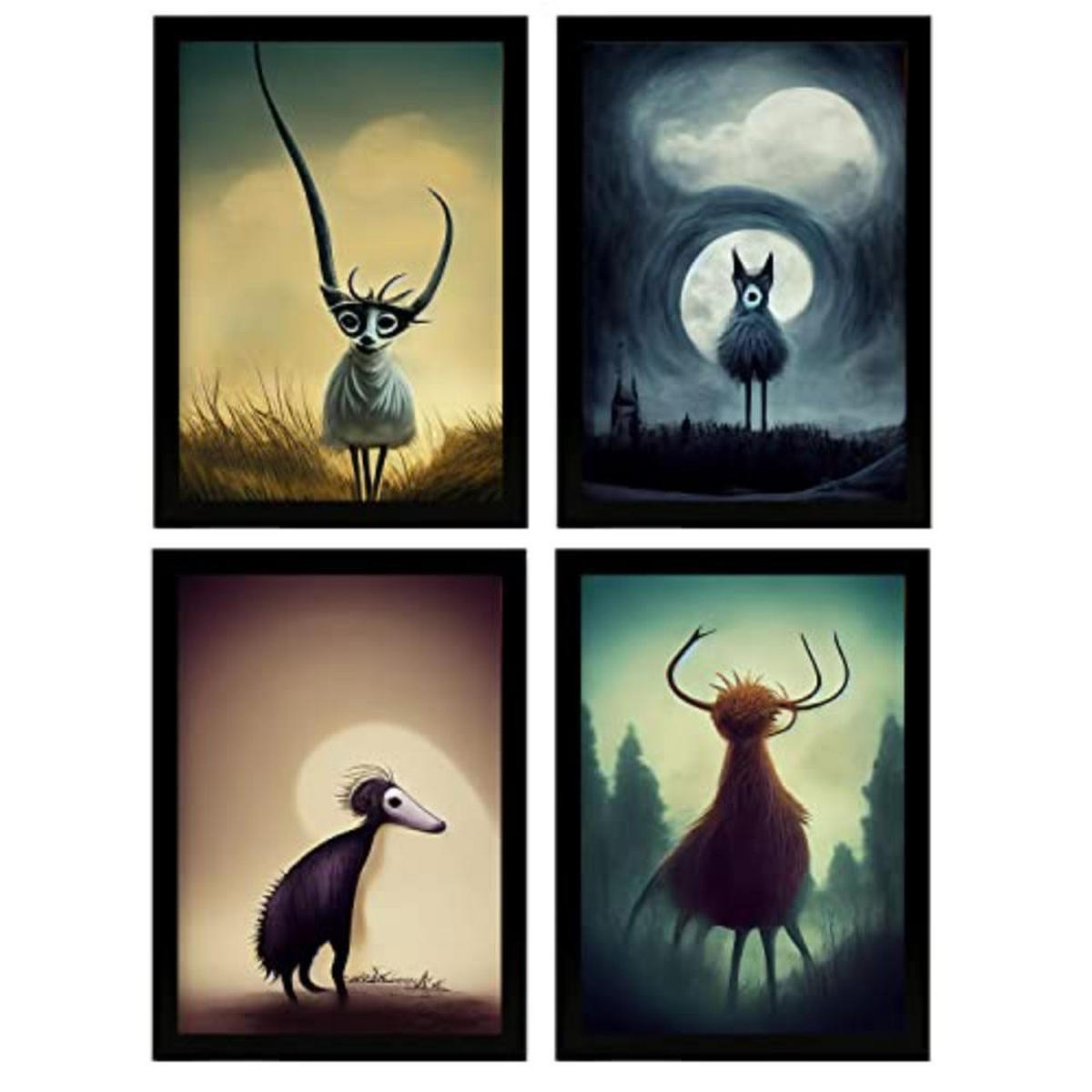POSTER Set mit 4 Wald Tier im T Burton Goth Stil A4 Rahmenlos - Klar, Papier (29.7/3cm) - Nacnic