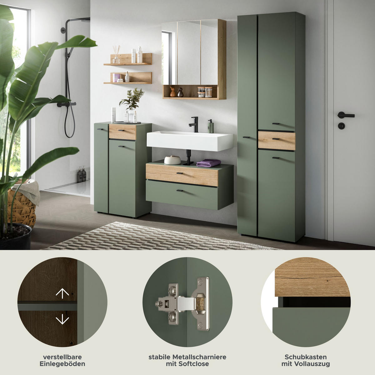 BADEZIMMER Azur 5-tlg. (B/H/T: ca. 207/191/35 cm) in Sage Green/Sage Green - Dunkelgrün, Holzwerkstoff (207/191/35cm)