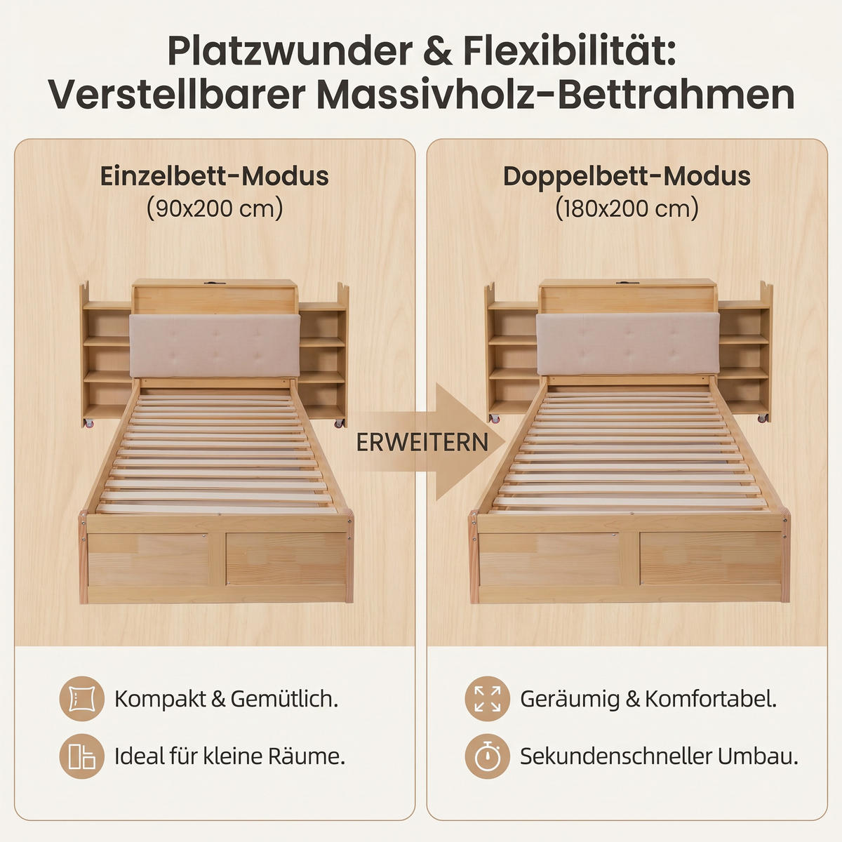 BETT 90/200 cm in Naturholzfarben & Beige mit Ausziehbett, Ablage, USB - Naturfarben, Holz/Holzwerkstoff (90/200cm) - WISHDOR