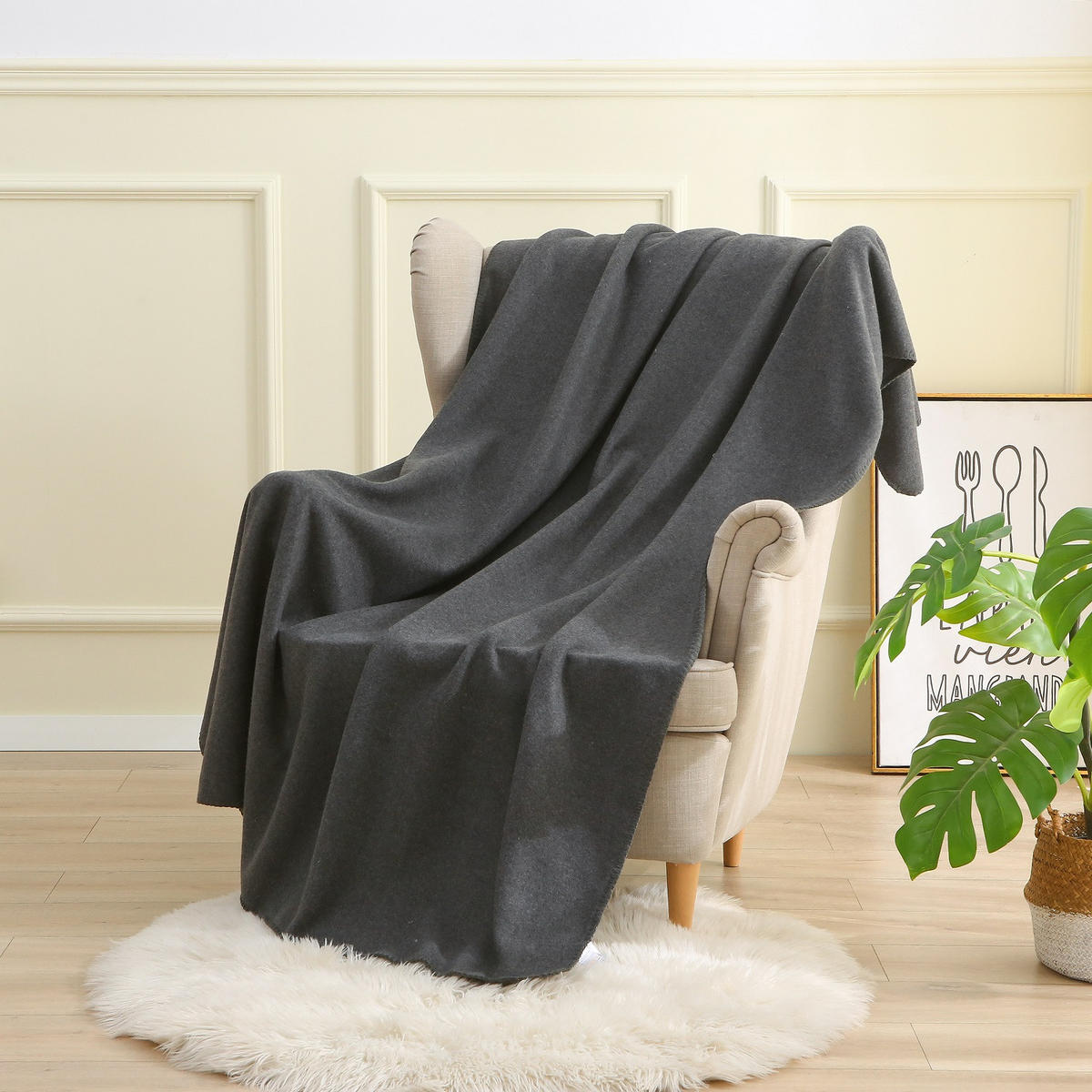 FLEECEDECKE eco-line dunkelgrau meliert 140/190 cm Ketteleinfassung Anti-Pilling - Dunkelgrau, Textil (140/190cm) - wometo