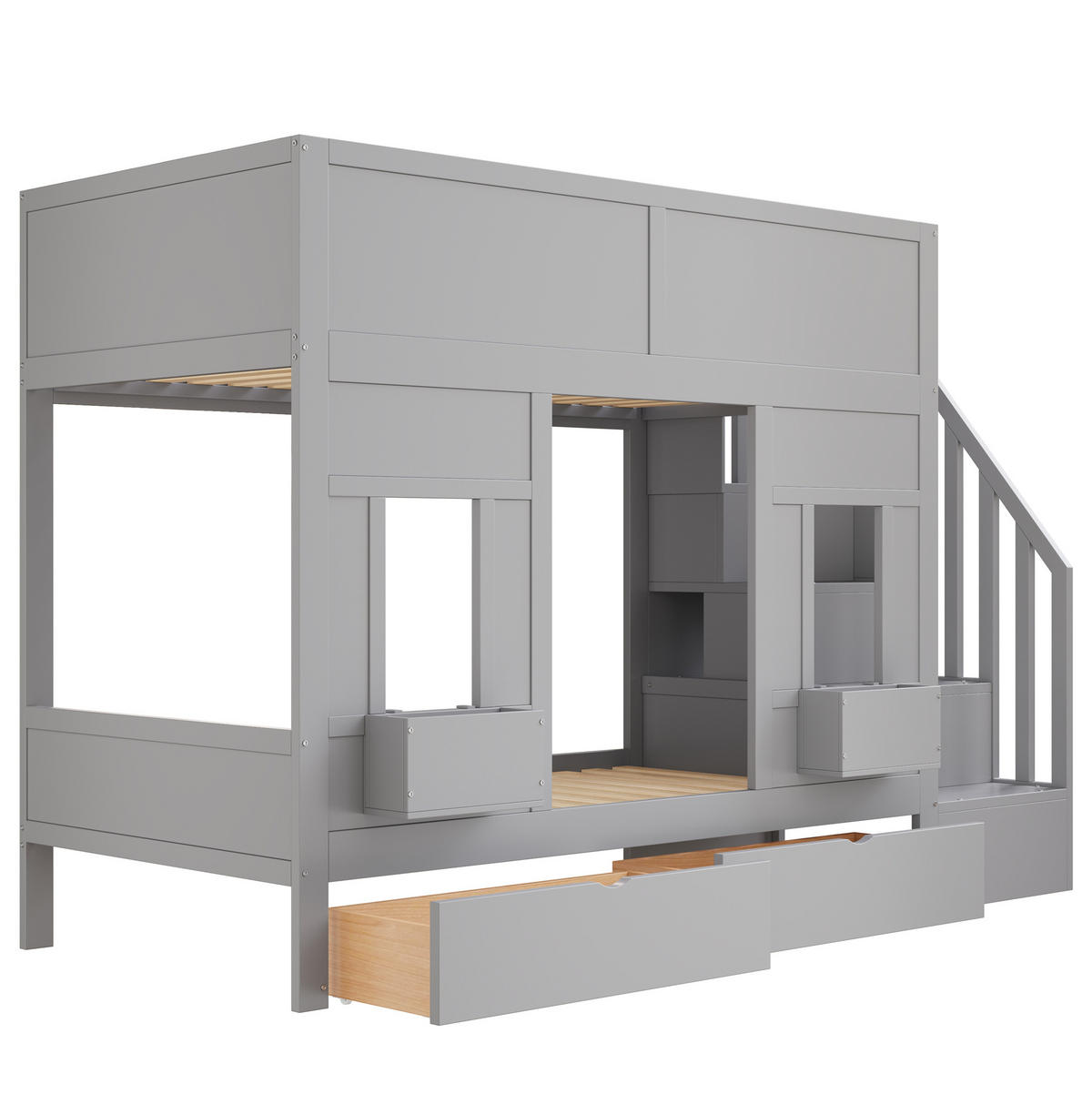 ETAGENBETT 90/200 cm mit Stauraumtreppe, Schubladen und Fensterdesign,Grau - Grau, Holzwerkstoff (90/200cm) - Redom