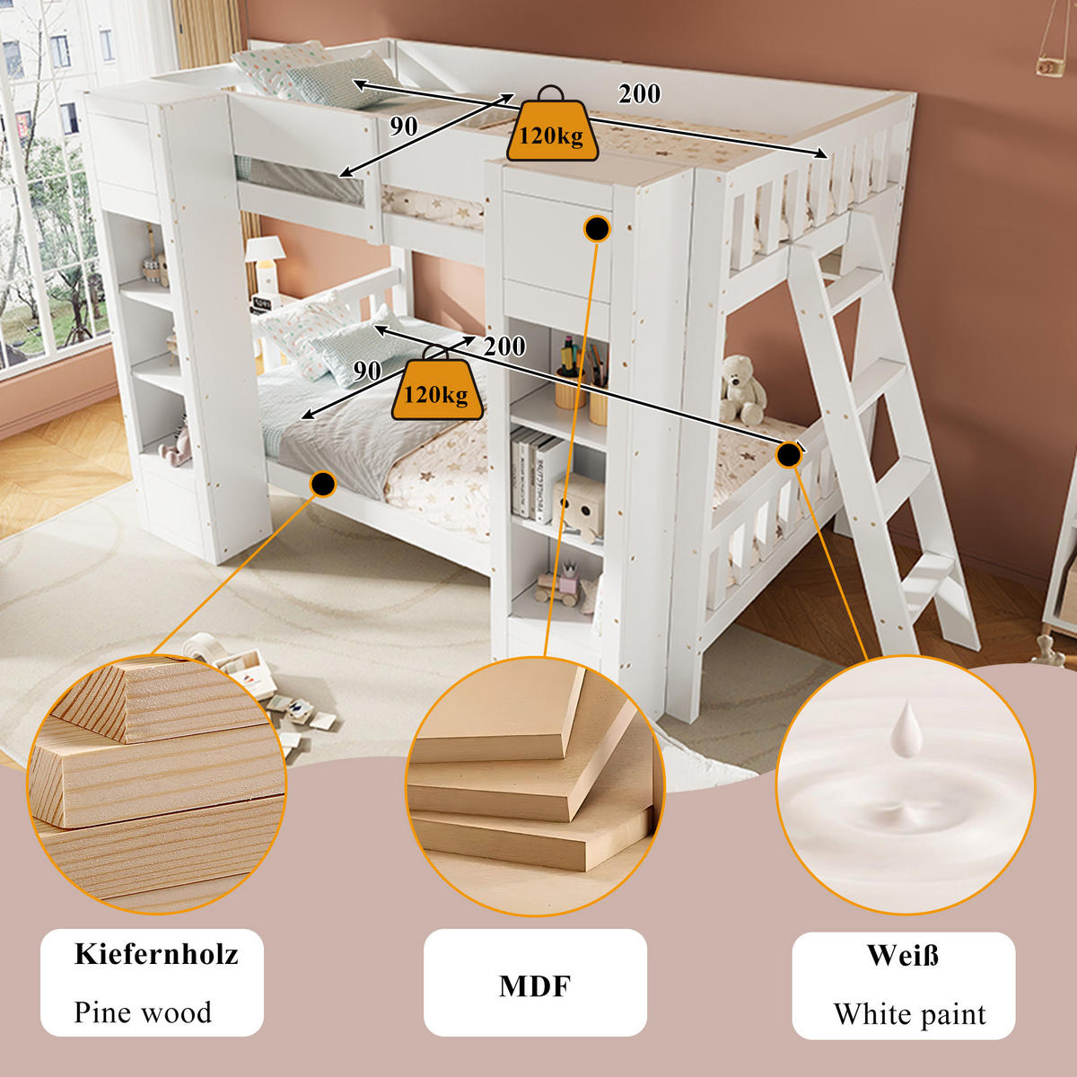 ETAGENBETT 90/200 cm in Weiß mit 2 Frontschränken, Hängeregal, Leiter und Rausfallschutz aus Massivholz und MDF - Weiß, Holzwerkstoff (90/200cm) - STILVORA