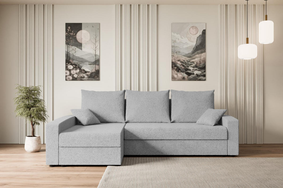 ECKSOFA mit Schlaffunktion und Bettkasten ALESIA-L 231x140x90 cm Grau Bouclé - Silberfarben/Hellgrau, Holzwerkstoff/Kunststoff (231/140cm) - ALTDECOR