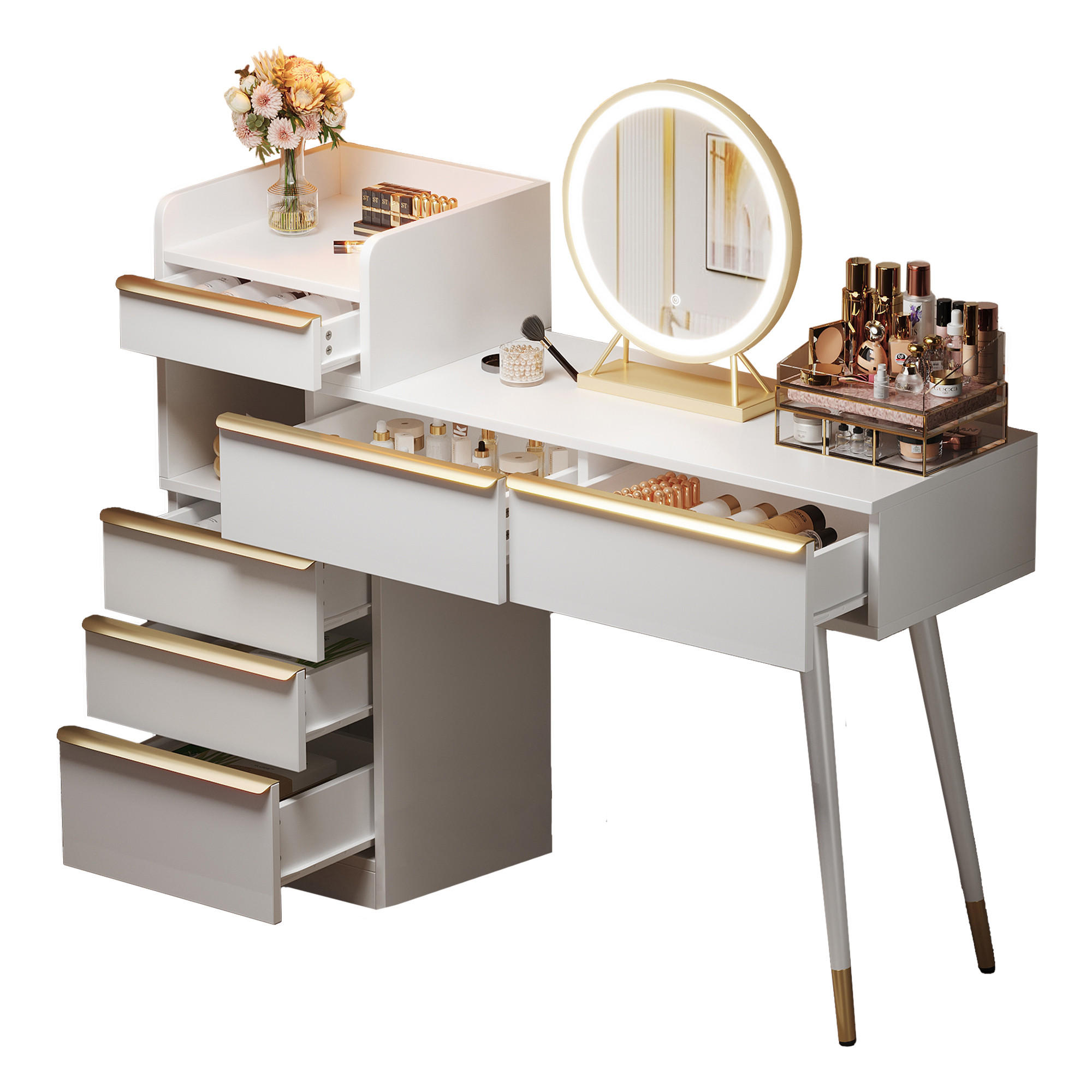 SCHMINKTISCH Weiß LED Spiegel 6 Schubladen Gold 102cm - Weiß, Holzwerkstoff (41.5/102/100cm) - FLIEKS