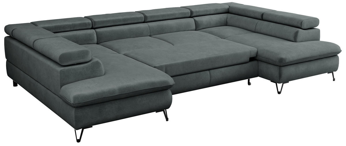 WOHNLANDSCHAFT PETER U Samt Dunkelgrau - Dunkelgrau/Schwarz, Textil/Metall (346/76/208cm) - MKS