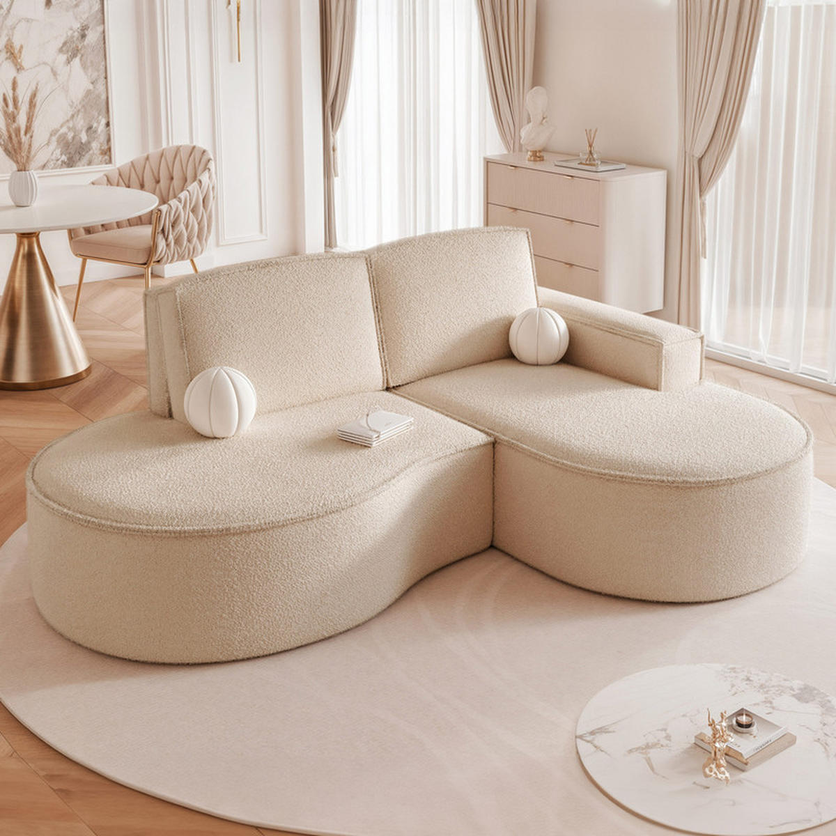 ECKSOFA SOFIA Bouclé-Stoff in Creme - Creme, Holzwerkstoff/Kunststoff (210/157cm) - Idohome
