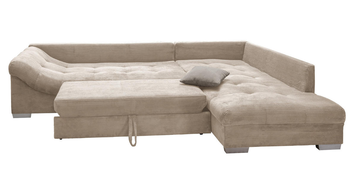 ECKSOFA mit Schlaffunktion, Wellenunterfederung, Ottomane rechts B298/T202/H84 cm, Liegefl. 154x227 cm, Cord Beige / 17203 - Beige/Silberfarben, Holz/Textil (298/202cm) - luma-home
