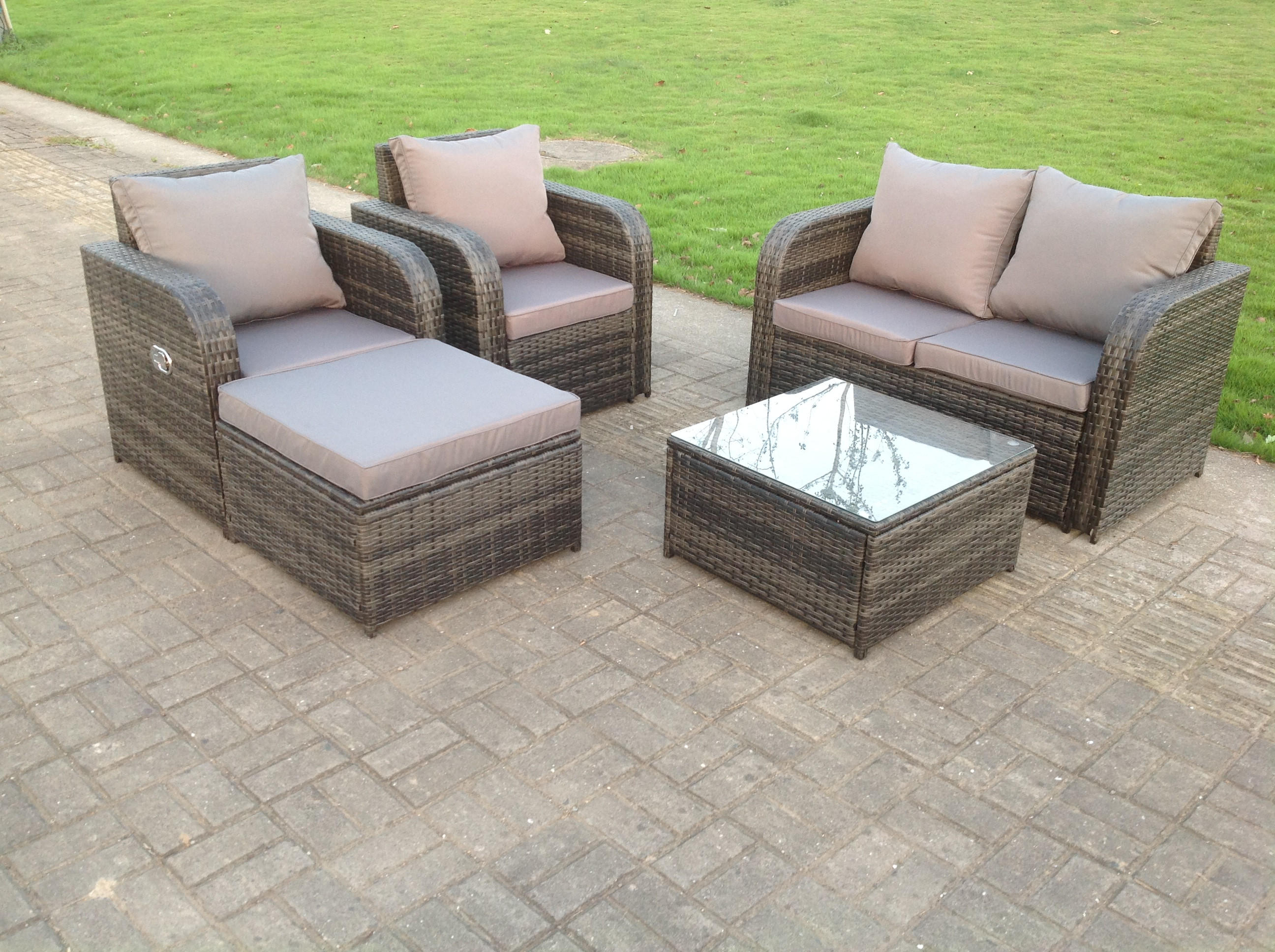 GARTENMÖBELSET mit Couchtisch Polyrattan 5-Sitzer - Dunkelgrau/Grau, Glas/Kunststoff - Fimous