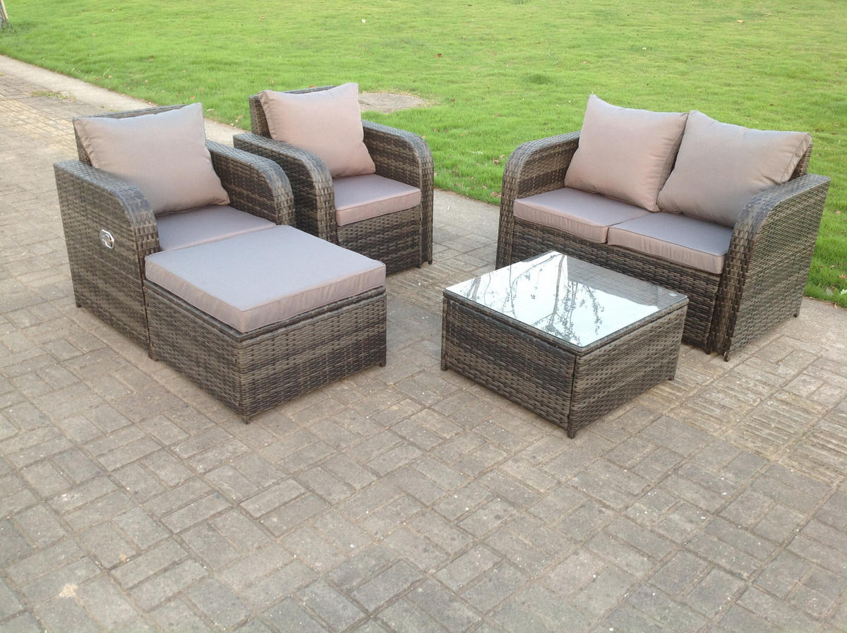 GARTENMÖBELSET mit Couchtisch Polyrattan 5-Sitzer - Dunkelgrau/Grau, Glas/Kunststoff - Fimous