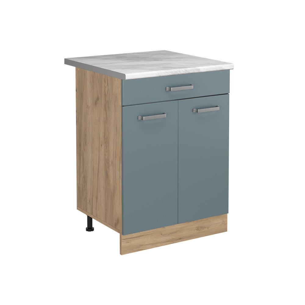 KÜCHENUNTERSCHRANK R-Line, Blau-Grau/Goldkraft Eiche, 60 cm mit Schublade Arbeitsplatte Marmor - Honigeiche/Blaugrau, Holzwerkstoff (60/81.6/60cm) - Vicco