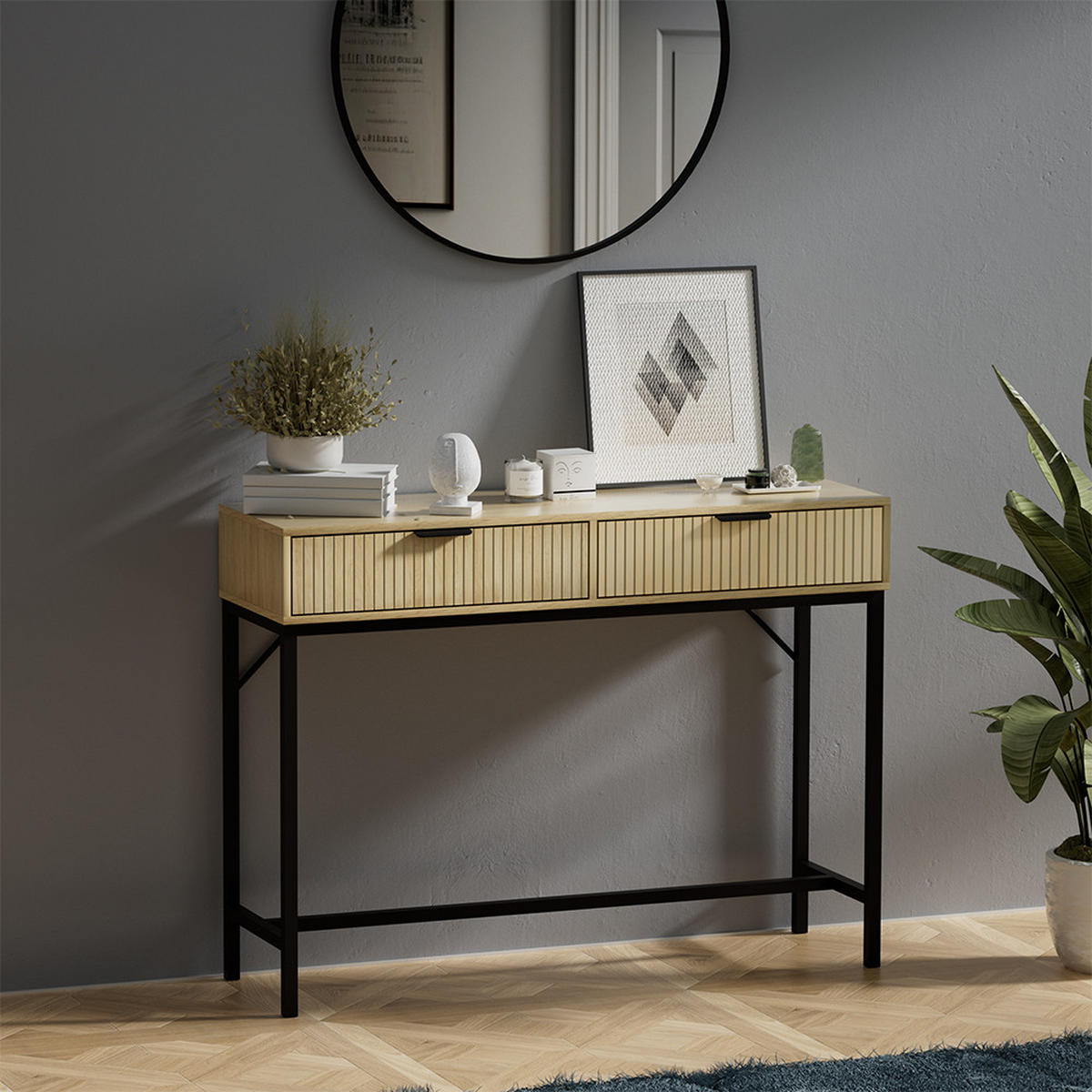 KONSOLENTISCH Lennox Eiche 100 x 75 cm mit 2 Schubladen - Eichefarben/Schwarz, Holzwerkstoff (30/100/75cm) - Vicco