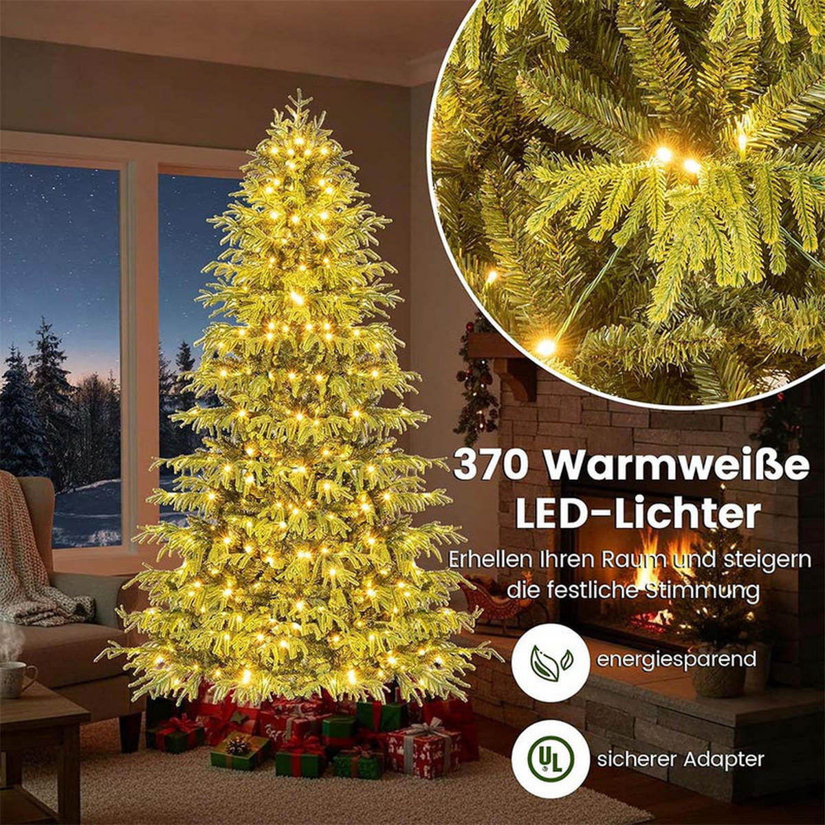 WEIHNACHTSBAUM mit 370 warmweißen LEDs 210cm Grün - Grün, Metall (210cm) - COSTWAY