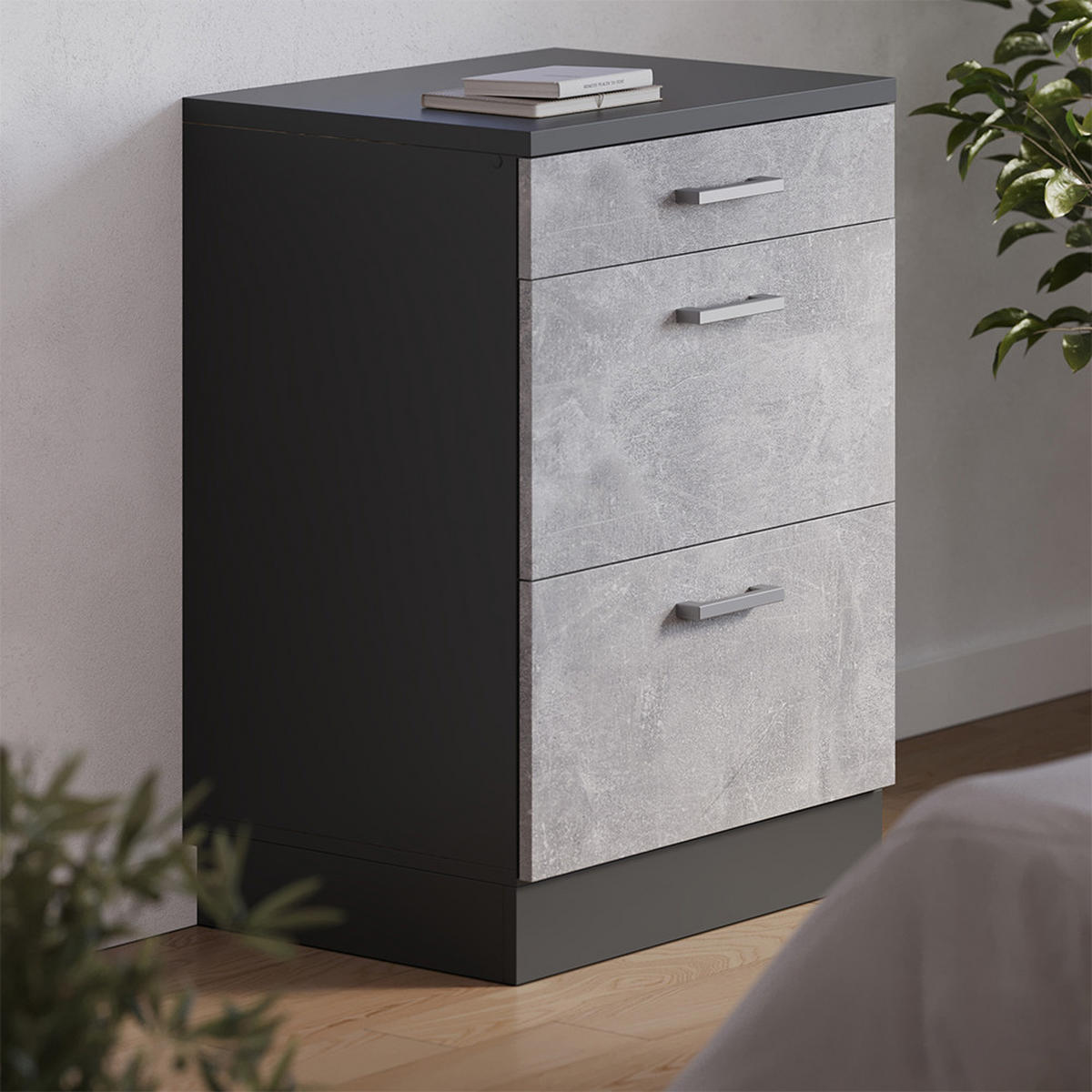 KUHINJSKA OMARA ZA POŠEVNE STREHE R-Line, Beton, 60 cm brez naklona z 3 predaloma - siva/antracit, leseni material (60/83.8/46cm) - Vicco